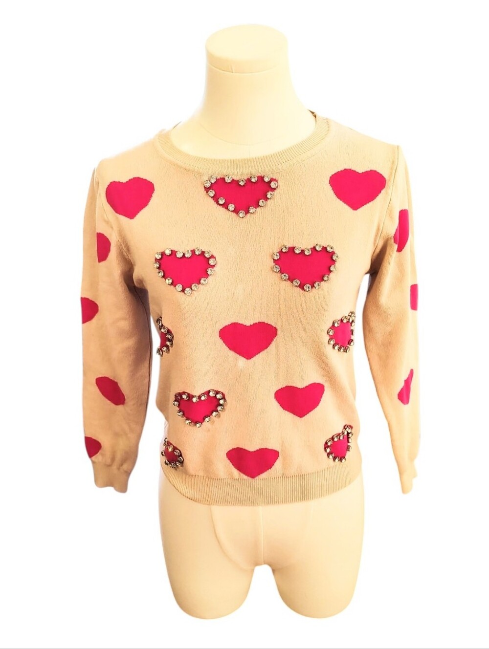 Lizette Collection Cream and Pink Crystal Jeweled Cropped Sweater Siz3 Small